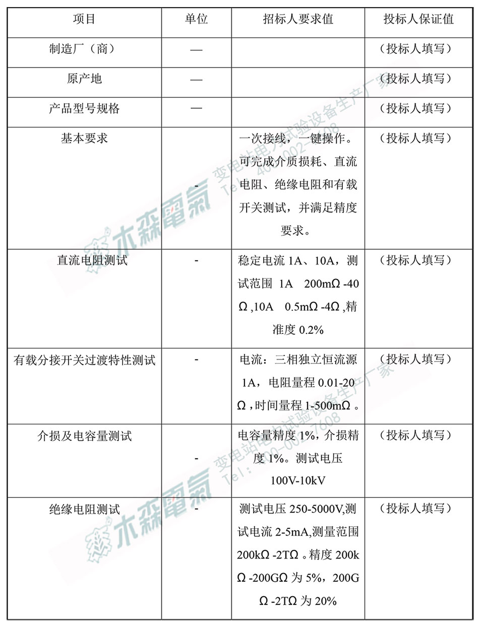 電力變壓器自動(dòng)檢測(cè)規(guī)范書響應(yīng)表技術(shù)